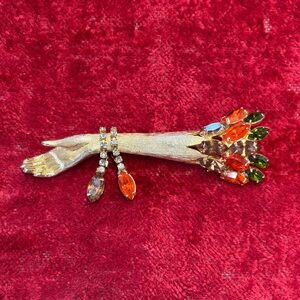 Vintage Gold-Tone Hand Brooch with Orange & Green Crystals